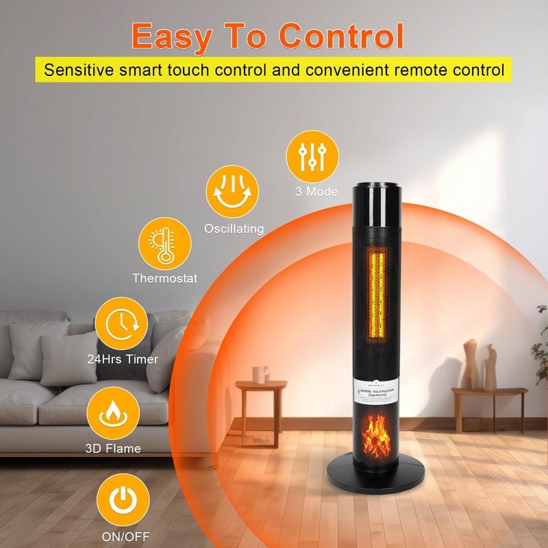 CAYNEL Tower Ceramic & Flame Heater with 3D Flame and
