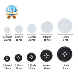 OURUI Sewing Buttons 168 Pcs Black White Craft Shirt Buttons, Round Resin 4 Hole 5 Sizes Buttons for Sewing, Clothing and DIY Crafts