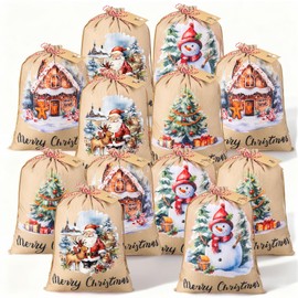 Wesnoy 12 Pcs Large Burlap Christmas Drawstring Gift Bag with Tags, Vintage