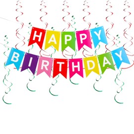 Rainbow Happy Birthday Banner, Birthday Decorations with Metallic Hanging Swirl, Birthday Sign for Backdrop Party Decor, Bunting Banner