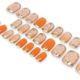 COLORBIRD Nail Tip, Orange, Flower, Short, False Nails, 24 Pieces, Gorgeous, Cute, Feminine, French (Caramel Camellia)