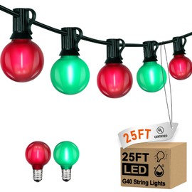 G40 LED Outdoor Christmas String Lights 25FT Hanging Globe String Lights with 27 LED Shatterproof Frosted Red Green Lights(2 Spare), Waterproof String Lights for Patio Balcony Backyard Pergola Decor