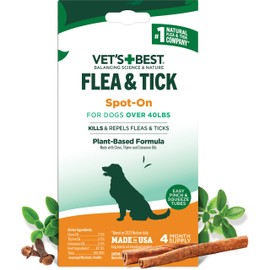Vet’s Best Natural Flea and Tick Drops for Dogs – Natural Topical Flea Prevention with Certified Essential Oils – Plant-Based Spot-On Treatment for Large Dogs – Pest Control – 4 Month Supply