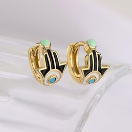Tiny Evil Eye Small Hoop Earring 18k Gold Plated Protection Hamsa Hand of Fatima Mini Small Cuff Cartilage Earrings for Women Girls Teens Hypoallergenic Piercing Huggie Sleeper Hoops 8mm (Black)