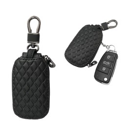 Dickno Car Key Case, Genuine Leather Auto Key Smart Keychain Holder, Anti-Scratch Key Fob Protector Cover with Metal Hook (Black)