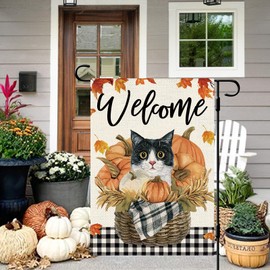 DLZDN Welcome Fall Cat Garden Flag Pumpkins Maple Leaves Flag 12×18 Inch Double Side Vertical Burlap Farmhouse Yard Sign Autumn Seasonal Outdoor House Decoration