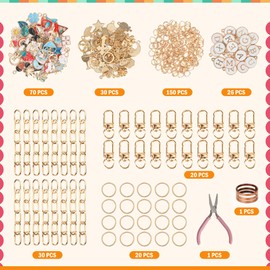 Starry 348Pcs Keychain Making Kit Bag Charm Kit 126 Charms 20 Keychain Clips with Key Ring Jewelry Plier,30 Extender Chain Swivel Snap Hooks Gold Charms 150 Jump Ring DIY Craft Supplies