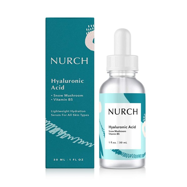 NURCH Pure Hyaluronic Acid Serum for Face + Snow Mushroom + Vitamin B5 | Natural & Lightweight | Vegan, Clean, & Fragrance Free | Moisturizer Hydrates Dry Skin & Reduces Appearance of Fine Lines, 1 Oz