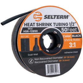 SELTERM 1/2" Black [50 Feet] Marine Grade Heat Shrink Tubing Roll, 3:1 Ratio Dual Wall Adhesive Lined Waterproof Heat Shrink Wrap Tube, for Battery Cable Lugs Wire Terminals Connectors