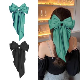 2Pcs Big Bow Hair Clips, Long Tail French Hair Bows for Women Girls, Satin Silky Hair Barrette, Bow Up Accessories for Holiday day,Daily Use (Green and Black)