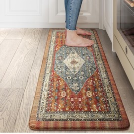 Collive Boho Cushioned Kitchen Mat, Comfort Anti Fatigue Mats for Kitchen Floor, Standing Desk Mat for Kitchen, Office, Laundry, Sink, 17”x47” Red Non-Skid Waterproof Kitchen Rugs