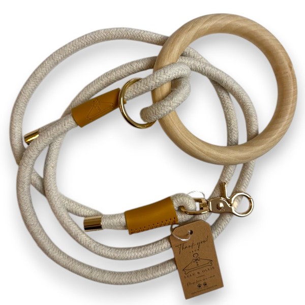 Stylish Dog Rope Leash with Comfortable Wood Handle, Strong Gold