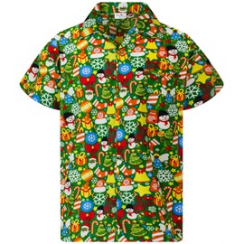 KING KAMEHA Men Christmas Santa-Claus Office-Party Short-Sleeve Button-Down Shirts, Christmas-Allover, Green, XL