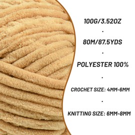 Fluffy Chenille Yarn for Crocheting, Chunky Velvet Yarns for Crochet Amigurumi, Baby Yarn for Crocheting Soft Blanket, 87.4yds /3.5 oz Bulky Yarns for Crafts/Hats/Shoes/Socks (Khaki)