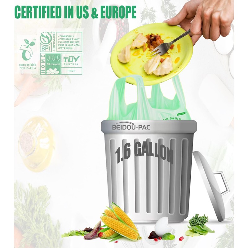 BEIDOU-PAC 1.6 Gallon Compostable Trash Bags with Handle, 125 Count