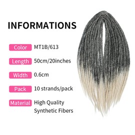 Dsoar MT1B/613# Thin 0.6 cm Long Double-Ended Synthetic Dreadlock Extensions, 50 cm, 10 Strands, Crochet Hair, Long Crochet Braids, Hip-Hop Style Soft Dreads, Hair Extensions