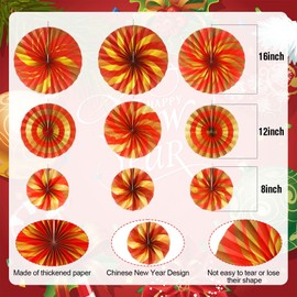 Outus 9 Pcs Chinese New Year Decorations Paper Fans Red Chinese Hanging Ornaments Lunar New Year Party Fan Ceiling Wall Decor for 2025 Year of The Snake Spring Festival Party Supplies (Simple)