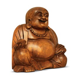 G6 Collection 8" Wooden Laughing Happy Buddha Statue Hand Carved Smiling Sitting Sculpture Handmade Figurine Decorative Home Decor Accent Rustic Handcrafted Art Decoration Happy Buddha (Small)