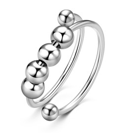 AINUOSHI Adjustable Anxiety Ring with Beads, Alloy Fidget Rings, Single Coil Spiral Double Layer Stress Relief Ring, Free Turning Anxiety Rings for Men and Women, 不