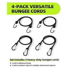 4-Pack Bungee Cords with Hooks & Carabiners - 24 Inch Bungee Rope (2 Hooks + 2 Carabiner Clips) - Heavy Duty Elastic Stretch Cords for Kayaking, Camping, Truck, Tarp, Gear Tie Down - Black