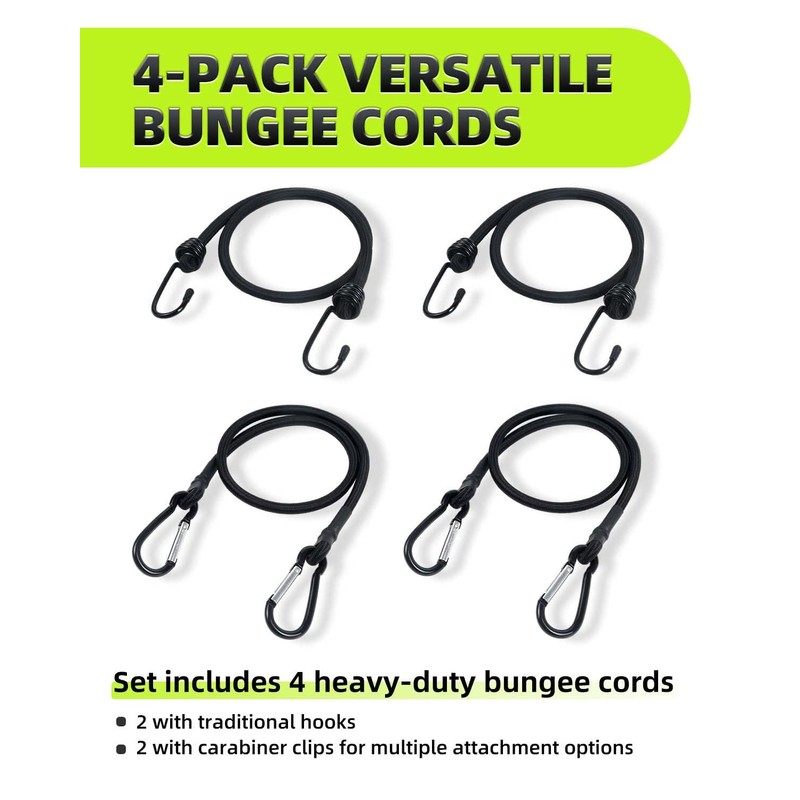 4-Pack Bungee Cords with Hooks & Carabiners - 24 Inch