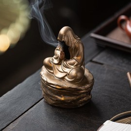 Ceramic Incense Holder for Cone and Coil - Incense Burner Holder Zen Decor with Buddha Statue Design Protection from Evil - 4.72" L X 3.78" W X 6.18" H (Gold)