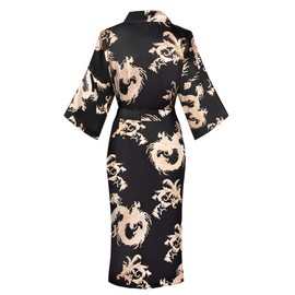 DandyChic Women's Long Floral Satin Robes Imitation Silk Sleepwear Bridal Dressing Gown for Bridesmaid Nightgown, Black/Feather-XL