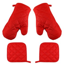 4Pcs Oven Mitts with Pot Holders Heat Resistant Kitchen Mitts Cotton Microwave Gloves for Baking Cooking BBQ, Adult, Red