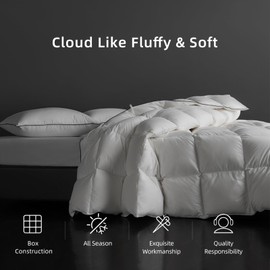 MAXICOZY Hungarian Goose Down Comforter Queen Size, 800 Fill Power Fluffy Down Duvet Insert, Luxurious Lightweight, All Season Medium Warmth Hotel Bed Comforter 90x90 Inches White