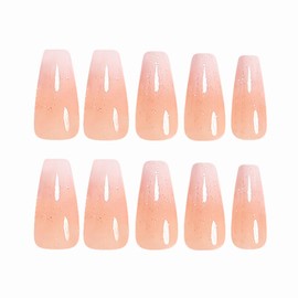 BABALAL Long Coffin Press on nails Shiny Fake Nails Nude Gradient Acrylic Nails with Design 24Pcs Ballerina Acrylic Nails Supplies Glossy Full Cover False Nails for Women Girls Artificial Nails Art