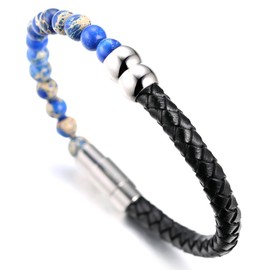 Halukakah "SALUTE THE SEA" Men's Genuine Leather Bracelet with Natural Blue Imperial Stone Beads,Smart Magentic Clasp, 8.46"(21.5cm) with FREE Giftbox