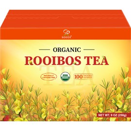 Soeos Organic Rooibos Tea, 9oz (250g) 100 Tagged Tea Bags, Naturally Caffeine-Free, Smooth & Robust Flavor, Excellent for Hot or Iced Brew, Full-Bodied & Naturally Sweet