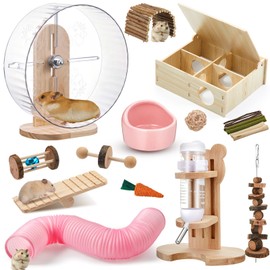 Sonwyoung 20 Pcs Hamster Toys Set, 16 Small Animal Chewing Toys, Maze Wood House, Silent Exercise Running Wheels and Water Bottle Set Feeding Bowl for Hamster Habitat Rat Cage Accessories(Pink)
