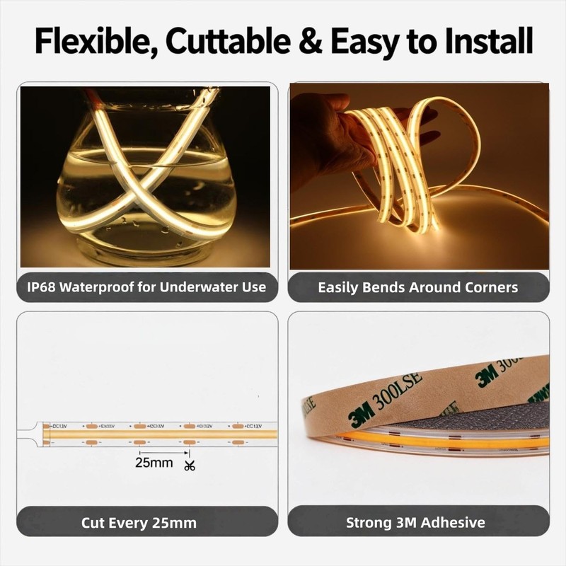 COB LED Strip Light IP68 Waterproof, 16.4FT 12V High Density