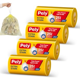 Pely Drawstring Bin Liners Extra Strong Value Pack (4 x 17 Pieces), Yellow, for Disposal of Residual Waste (25 Litres) (25 Litres)
