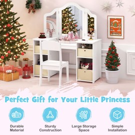 HONEY JOY Kids Vanity, Little Girls Vanity Set with with Mirror and Stool, 4 Storage Bins, Wooden Princess Makeup Dressing Table, Toddler Vanity, Pretend Play Kids Vanity Table and Chair Set (White)