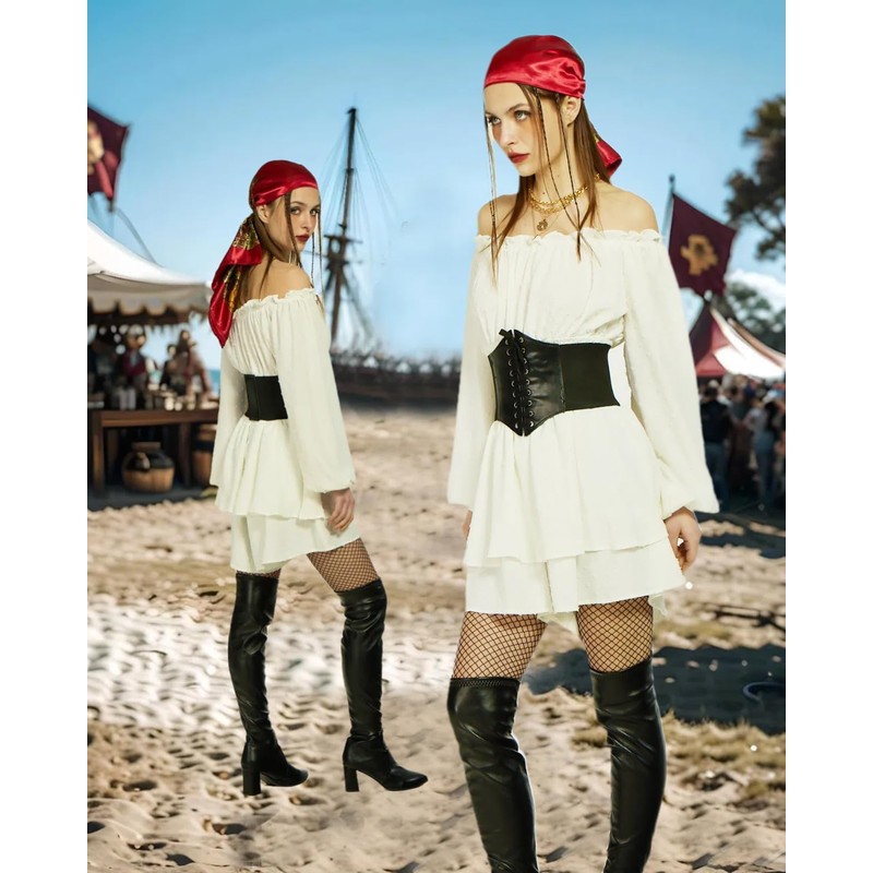 Women Pirate Costume Dress with Corset Accessories Long Sleeve Romper