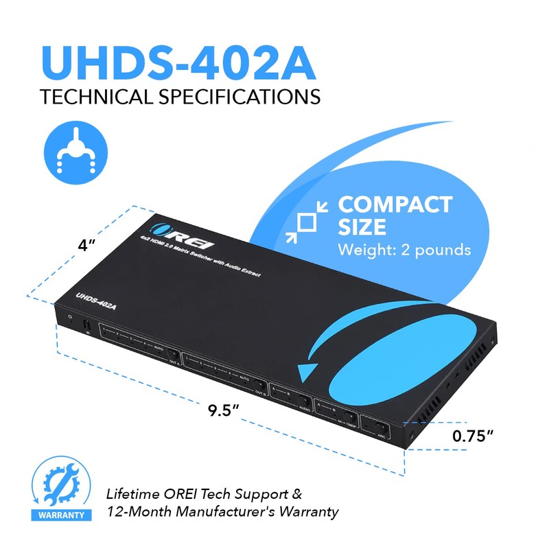 OREI 4K HDMI Matrix Switch 4 X 2, Switcher 18G