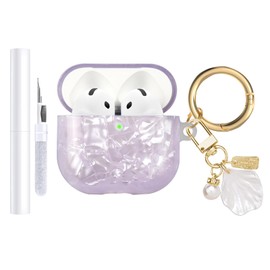 AIIEKZ Compatible with AirPods 4 Case Cover 2024,Soft TPU Case with Shell Pattern for AirPods 4th Generation Case with Pearl Shell Keychain and Cleaning Kit for Girls Women (Purple)