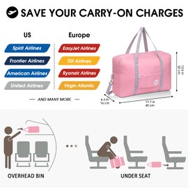 WANDF Lightweight Foldable Travel Bag, Hand Luggage Bag, Duffel Bag, Overnight Bag, Sports Bag for Travel, Sport, Gym, Holiday, Weekend Break Pink
