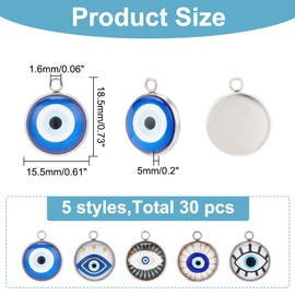DICOSMETIC Pack of 30 Luminous Glass Eye Charm Blue Evil Eye Charm Flat Round Charm Turkish Protection Charm Stainless Steel Hamsa Eye Charm for Jewellery Making, Hole: 1.6 mm