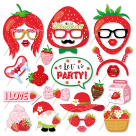 25Pcs Strawberry Photo Booth Props for Fruit Birthday Party Decorations, Strawberry Theme Selfie Props Photography Backdrop Decorations for Strawberry Birthday Party Supplies