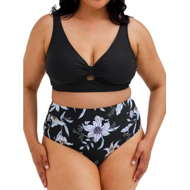 CUPSHE Women's Plus Size Swimsuit Two Piece Bathing Suit High Waisted Cutout Floral Bikinis with Back Hook 0X, Black