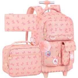 WZLVO 3PCS Rolling Backpack for Girls, Water Resistance Roller Bookbag, Women Aesthetic Wheeled School Bag Set with Lunch Box & Pencil Bag for Teens & Kids - Pink Bow
