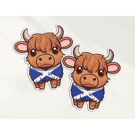 2 x 10cm Highland Cow Vinyl Stickers - Scottish Flag Scotland Cows Cattle Kawaii Characters Girls Boys Scrapbook Aesthetic Sticker #81989