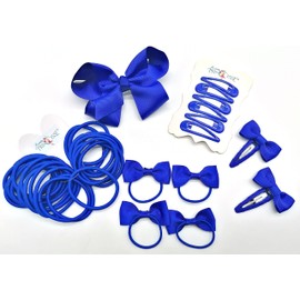 Set of 35 Pieces, school hair accessories blue Ribbon Style Bow Bobbles Hair Clips Bows and Elastics Bands (Royal Blue)