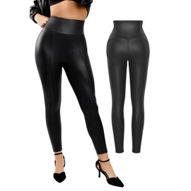 Popilush Shapewear Leggings Leather Pants - Faux Leather Leggings for Women Tummy Control Hight Waisted Pleather Pants