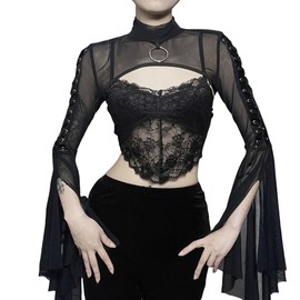 Women Goth Crop Tops Gothic Punk Fishnet Cover Up Bell Sleeve Shawl Mesh Bolero Shrug Cardigan Black