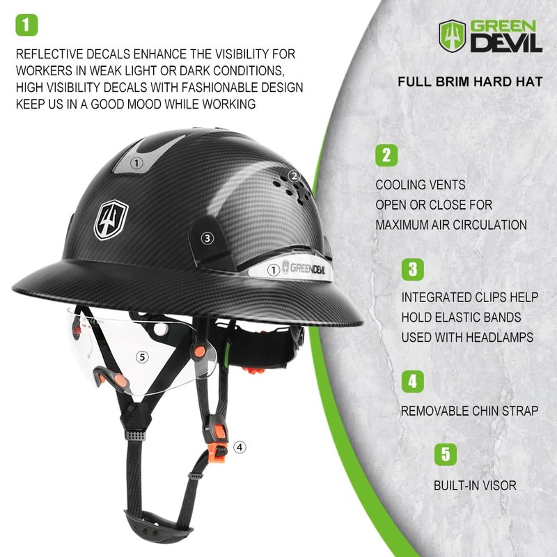 GREEN DEVIL Full Brim Hard Hat with Built-in Visor Vented