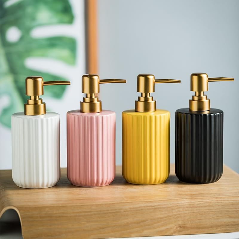 Chic Cylinder-Shaped Soap Dispenser, Vertical Stripe Design with Gold Pump,